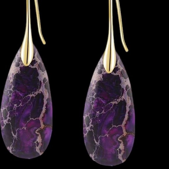 Elegant Purple Jasper Stone 2" Tarnish-Free Drop Earrings NWT - Picture 9 of 9